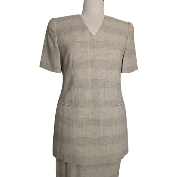 Louis Feraud Set Neutral Plaid Vanilla Girl Blazer & Skirt Size 8/EU 38 - Picture 4 of 15